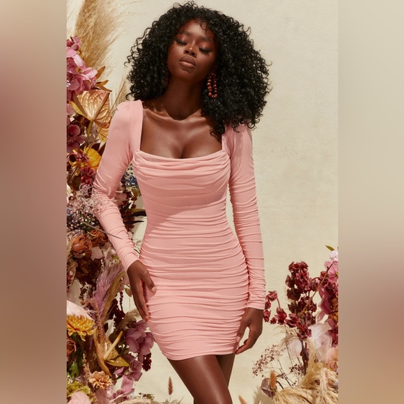 Oh Polly Long Sleeve Mesh Dress in Blush - Picture 1 of 5